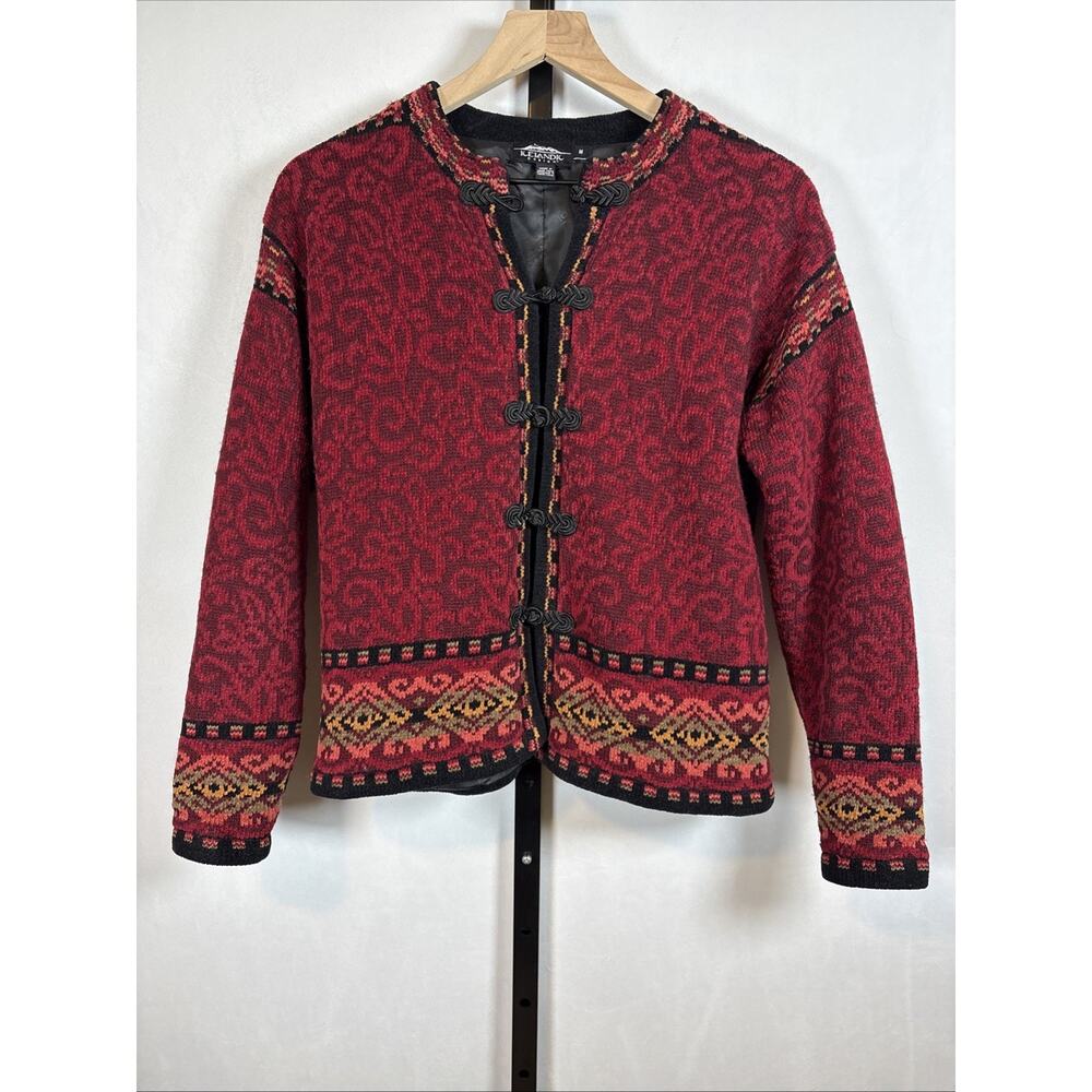 VTG Icelandic Design Red Cardigan Sweater Women's Medium Wool Blend Toggles